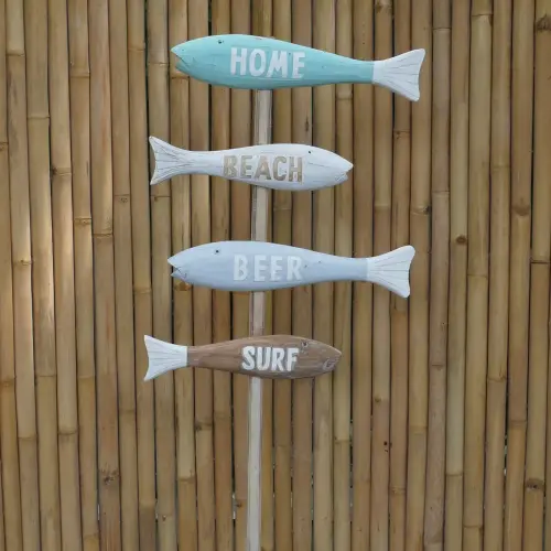 Product image of the product “Stick with 4 colorful  direction signs in shape of fish with the words; Home, Beach, Beer and Surf. Made from wood, total height 150cm. ”
